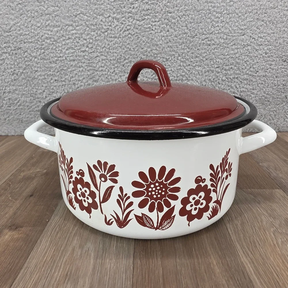 Vintage Floral Enamelware Stock Pot White Brown 24cm Retro Dutch Oven with Lid